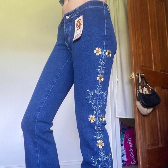 Vintage Y2K Deadstock Embroidered Floral Flare Jeans - Picture 1 of 8